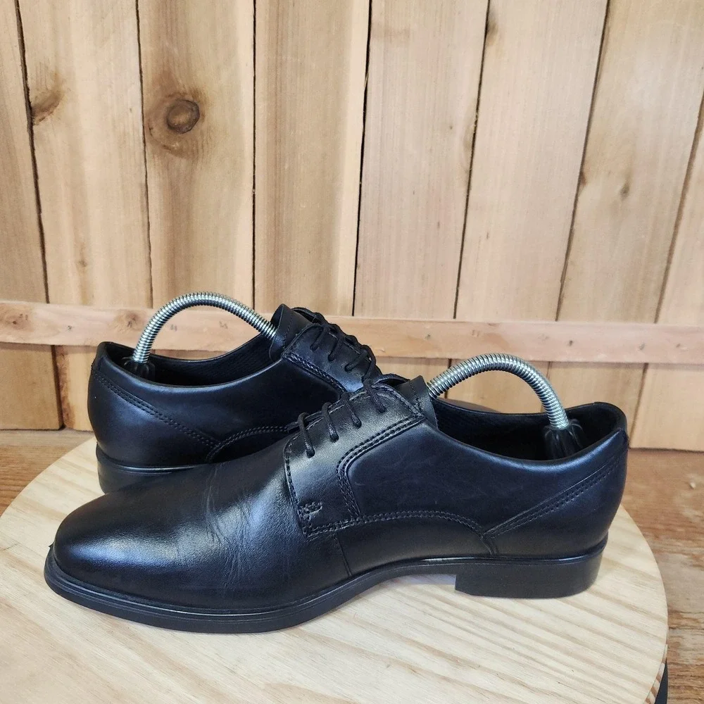 ECCO Queenstown Plain Toe Derby Shoes Mens 7.5 41 EU Black Leather Dress Comfort